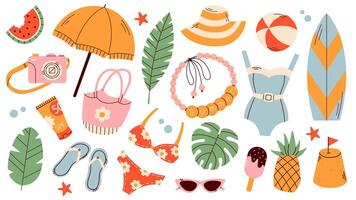 Big summer set with watermelon, surfboards, bikini, seashells, and palm leaves. Isolated flat objects on white background. Summer journey. Time to travel. Tropical set of illustrations. vector