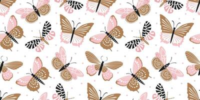 Cute pastel pattern with butterflies. Seamless pattern of flying butterflies in yellow, white and pink colors. Spring pattern background in pastel color for fabric, paper, scrapbooking, etc. vector