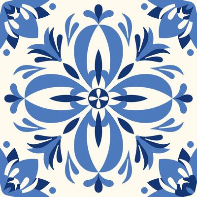 Ceramic tiles in a classic design feature intricate floral and leaf motifs, highlighting. Square vintage tile. Mediterranean seamless navy blue ornament. Majolica. Spanish pattern.