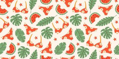 Pattern with red swimsuit, tropical palm leaves, and watermelon. Summertime seamless pattern. Fashion print design. Suitable for social media, banners, and web. vector