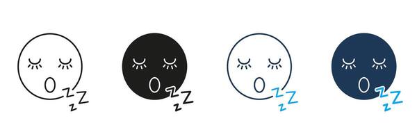 Sleeping Face with Eyelashes and ZZZ Line and Silhouette Icon Set. Peaceful Rest and Sleep Outline Symbol. Editable Stroke. Isolated Illustration vector