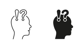 Human Head with Question Mark and Exclamation Point Line and Silhouette Icon Set. Editable Stroke. Isolated Illustration vector