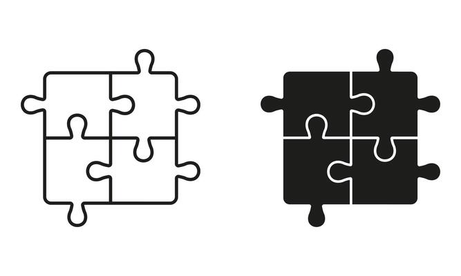 Puzzle, Jigsaw Solution Icon. Square Pieces Match, Logic Combination Pictogram. Idea, Challenge Game, Teamwork Line and Silhouette Sign. Editable Stroke. Isolated Illustration