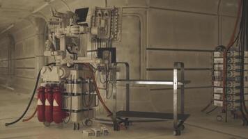 Robot assists in futuristic industrial setting with tools and equipment video