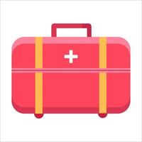 A red suitcase with a yellow strap and a red cross on it vector