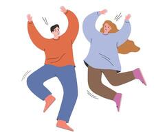 People jump for joy, raise their hands up, rejoice in life and victory. A man and a woman are dancing, suspended in the air. flat graphics. vector