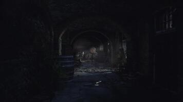 Dark and eerie cellar with barrels and shadows in an abandoned location video