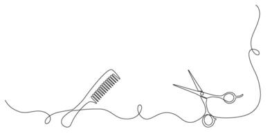 Minimalistic continuous drawing of scissors and comb in one line. Barber shop or barbershop symbol. Editable stroke illustration. vector