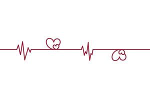 Heart pulse one line red cardiogram. Heartbeat cardiogram pulsation in the shape of two hearts vector