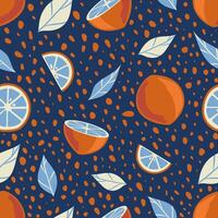 Seamless pattern of whole oranges, citrus slices and decorative white leaves on a dark blue background with a dotted texture. illustration of wallpaper, textile and print design in flat style vector