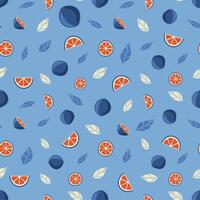 Stylized seamless pattern of orange slices, whole plums and decorative white leaves on a blue background. illustration in flat style for wallpaper, textile and print design. vector