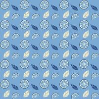 Stylized seamless pattern of lemon slices, citrus wedges and decorative white orange leaves on a blue background. illustration in flat style for wallpaper, textile and print design. vector