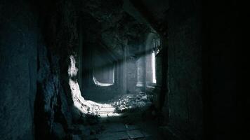 Abandoned corridor with light streaming through broken windows video