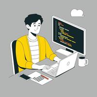 Smiling developer working on code on a laptop and computer. vector