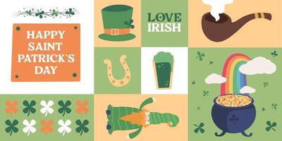 Saint Patrick's Day banner with symbols or the Irish holiday, with green hat and beer, clovers, leprechaun, smoking pipe and horseshoe in square and rectangular shapes. illustration. vector