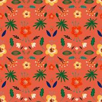 a colorful pattern with flowers and leaves on an orange background vector