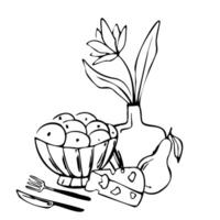Hand drawn illustration of a dinner composition with a fruit bowl, cheese, pear, vase with flowers, knife, and fork. Black and white line art style for menu, invitation, poster, print vector