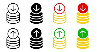Coin stack with arrow up and down icon. Price up sign. Cent coin graph symbol. Money cost arrow growth, decline illustration. Currency investment pictogram. vector