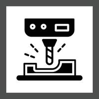 A black and white icon depicting a drilling machine with a drill bit engaged in a workpiece vector