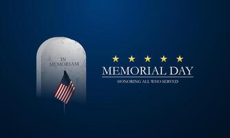 Memorial day background design with cemetery, US flag, and honoring all who served text vector