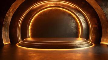 Golden Abstract 3D Background with Illuminated Platform photo