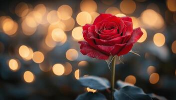 Radiant Red Rose with Frosted Petals on a Golden Glow Bokeh Background photo