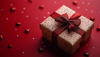 Dotted Cream Gift Box with Red Ribbon on a Heart-Adorned Background photo