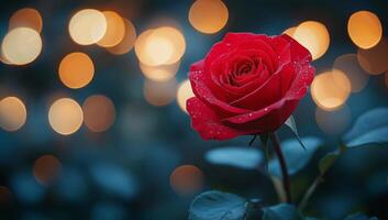 Red Rose with Dewdrops Against a Glowing Golden Bokeh Background photo