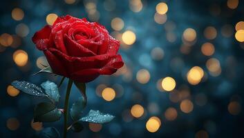 Vibrant Red Rose with Water Droplets Against a Dreamy Bokeh Background photo