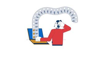 Long list tasks is overwhelming 2D animation. Endless work. Overload overburdened 4K motion graphic. Frustrated employee at laptop animated character cartoon flat concept, white background video
