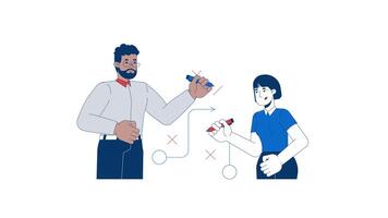 Collaborative problem solving at work 2D animation. Goal setting 4K motion graphic. Two coworkers brainstorming, strategic planning animated characters cartoon flat concept, white background video
