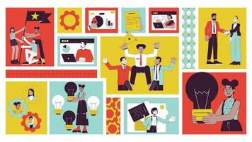 Team work diversity bento grid animation. Office job. Collaboration teamwork. Multicultural colleagues collage motion 4K web design. Animated cartoon characters collection mood board video