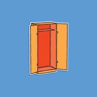 A bright and colorful illustration of an open wooden wardrobe with a vibrant interior, displayed against a solid blue backdrop. Perfect for themes of organization, furniture, and storage. vector