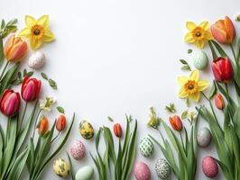 A Minimalist Celebration of Spring Colorful Tulips, Vibrant Flowers, and Decorative Eggs Framing a Festive Scene for Easter and Chinese New Year Decorations photo