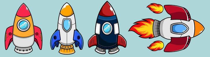 Set of Rocket Spaceship for exploration launch galaxy astronomy astronaut universe Kids coloring page, drawing, art, first word, flash card. Color cartoon character clipart. vector