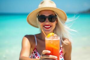 a woman in a hat and sunglasses holding up a drink on the beach photo