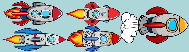 Set of Rocket Space for launch galaxy astronomy astronaut universe Kids coloring page, drawing, art, first word, flash card. Color cartoon character clipart. vector