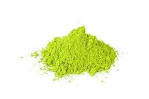 Vibrant Green Powder Spills From Container on White Background in Laboratory Setting photo