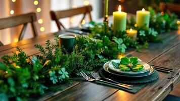 Elegant st. patrick's day table setting with greenery, candles, and shamrock-themed decor for festive celebration of irish heritage video