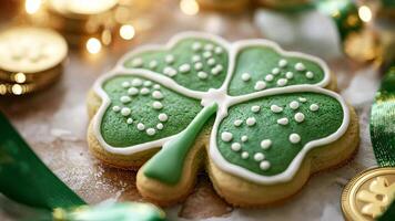 Festive shamrock cookie surrounded by coins and green ribbon for st. patrick's day celebration video