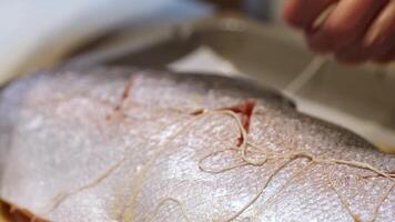 Close Up of Fish Preparation with String in Kitchen Setting video