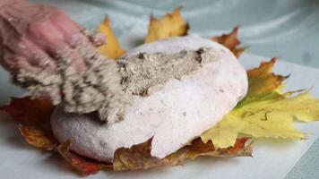 Bread Dough on Autumn Leaves with Grainy Topping Application video