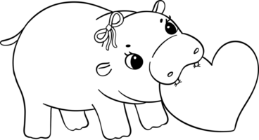 Cute Valentine Moo Deng Pygmy Hippo bites heart Coloring image png
