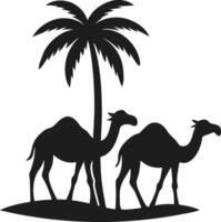 Silhouette of Camels and Palm Tree in Desert Scene vector