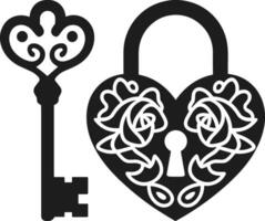 Elegant Heart Lock and Key with Rose Details for Valentine's Day Designs vector