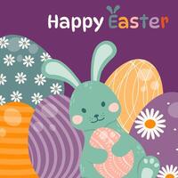 Easter bunny holds an Easter egg in his paws against a background of decorated multicolored eggs. vector