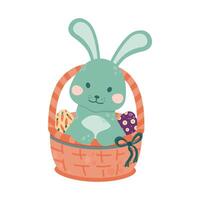 Bunny is sitting in a wicker basket with colorful Easter eggs. vector