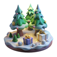 Festive Winter Scene 3D Render of Christmas Trees and Gifts png