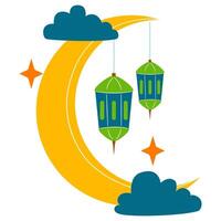 Ramadan Kareem Illustration with Moon and Lantern. Cartoon Style Crescent Moon with Lantern vector