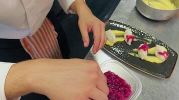 Plating Starter With Cod Foam Fish And Potato Puree Base With Caramelized Onions video